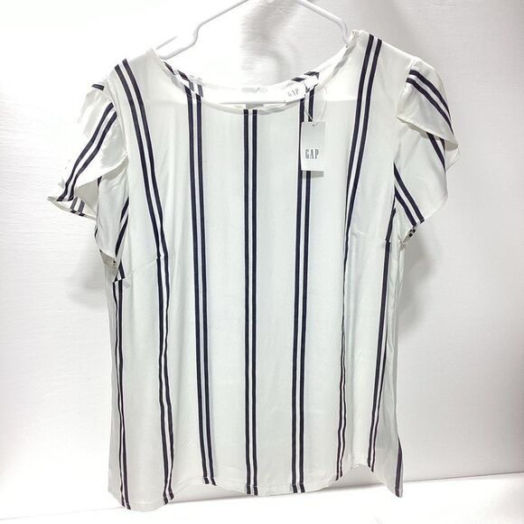 Gap Striped Blouse Rayon Button Back Short Sleeve Black White S NWT - Picture 3 of 12